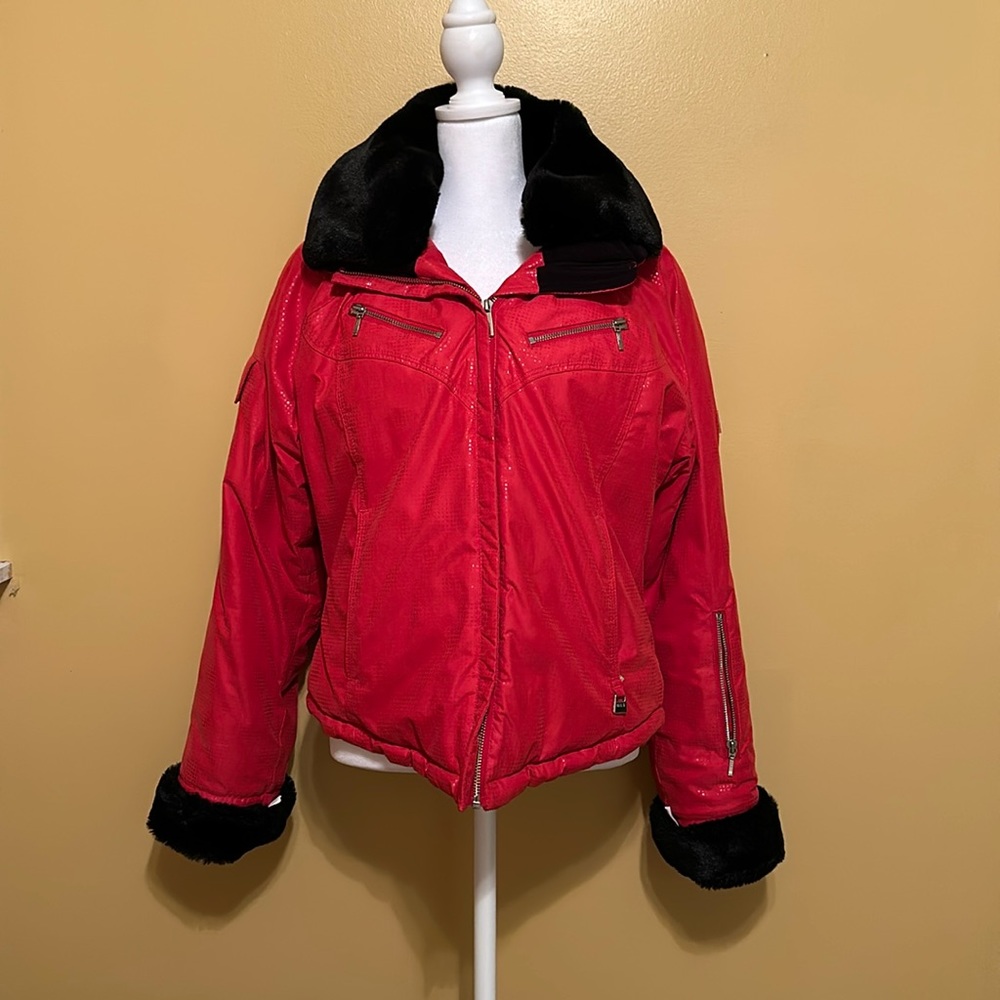 NILS Ski Jacket in a Stunning Shiny Red with a Faux Fur Trim